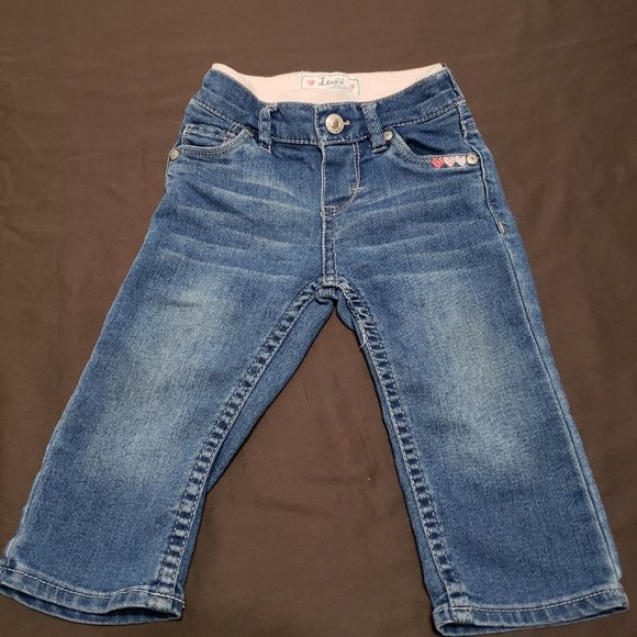 Levi Jeans 12 Month Size Dark Blue Demin Pink Waist Band Embroidered Hearts - Picture 1 of 6